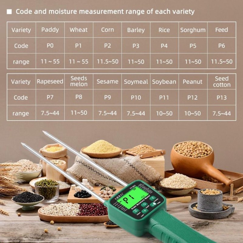 Digital Cereal Hygrometer 14 Kinds Grain Moisture Meter Voice Alarm Metal Probe High Sensitivity Sensors Practical Humidity Tester for Corn Rice Wheat Bean  |   Temperature & Humidity Measurements Measurement & Analysis Instruments Green