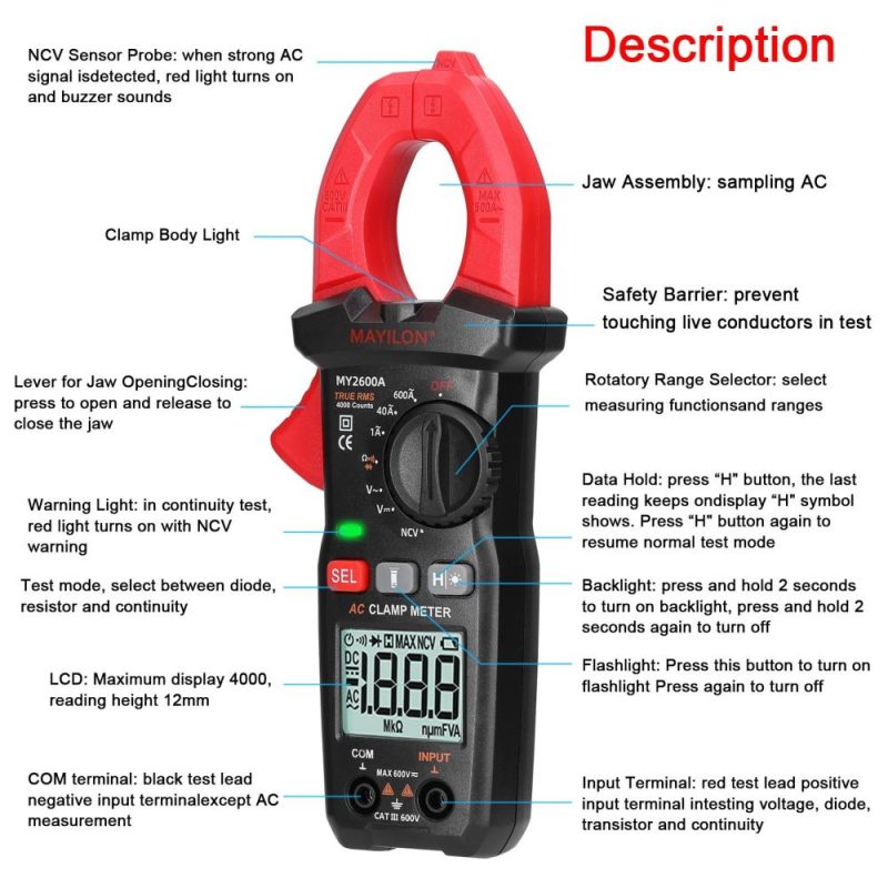 Digital Clamp Meter Multifunction 600V Voltmeter Tester Amp Volt Meter NCV Test Current Resistance Diodes Continuity Measurement Device  |   Digital Multimeters & Oscilloscopes Digital Multimeters & Oscilloscopes Black