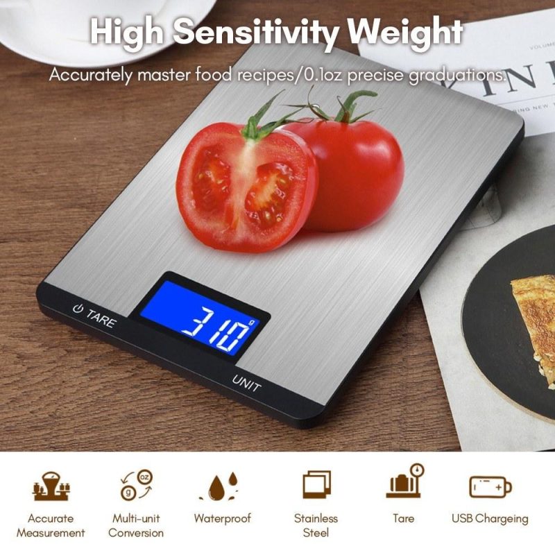 Digital Food Scale 15kg/33lb Rechargeable Digital Kitchen Scale with LCD Display Touch Buttons 7 Units Option 3g/0.1oz Precise Graduation Stainless Steel Digital Scale for Baking Cooking  |   Digital Scales Digital Scales Digital Scales