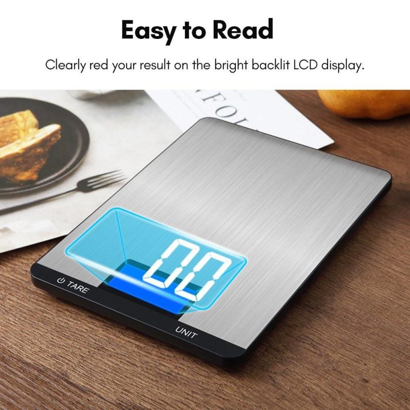 Digital Food Scale 15kg/33lb Rechargeable Digital Kitchen Scale with LCD Display Touch Buttons 7 Units Option 3g/0.1oz Precise Graduation Stainless Steel Digital Scale for Baking Cooking  |   Digital Scales Digital Scales Digital Scales