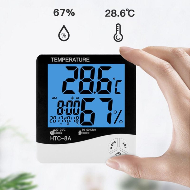 Digital Hygrometer Thermometer Indoor Temperature Monitor Humidity Gauge Large LCD Weather Station Alarm Clock with Calendar Hourly Reminder and Max Min Memory HTC-1  |   Infrared Thermometer Infrared Thermometer Dark Blue (Htc-1)/Blue (Htc-2)/Black (Htc-8A)