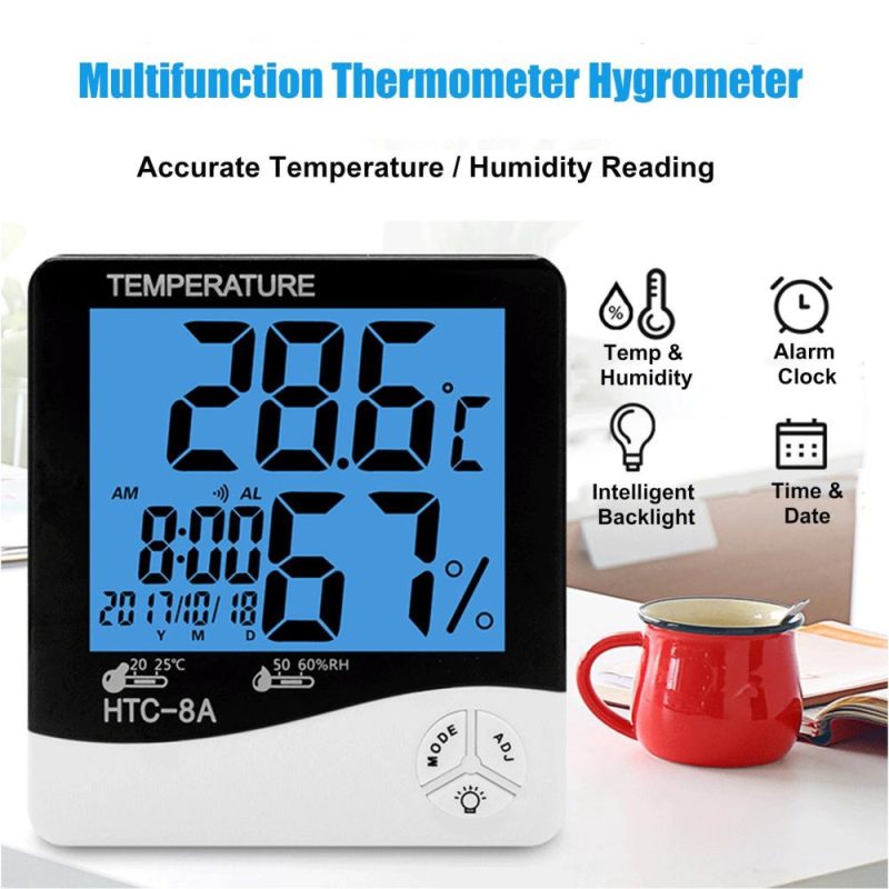 Digital Hygrometer Thermometer Indoor Temperature Monitor Humidity Gauge Large LCD Weather Station Alarm Clock with Calendar Hourly Reminder and Max Min Memory HTC-1  |   Infrared Thermometer Infrared Thermometer Dark Blue (Htc-1)/Blue (Htc-2)/Black (Htc-8A)