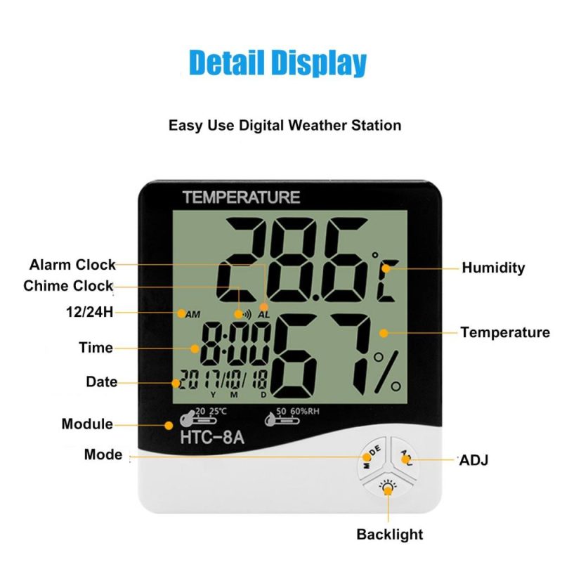 Digital Hygrometer Thermometer Indoor Temperature Monitor Humidity Gauge Large LCD Weather Station Alarm Clock with Calendar Hourly Reminder and Max Min Memory HTC-1  |   Infrared Thermometer Infrared Thermometer Dark Blue (Htc-1)/Blue (Htc-2)/Black (Htc-8A)