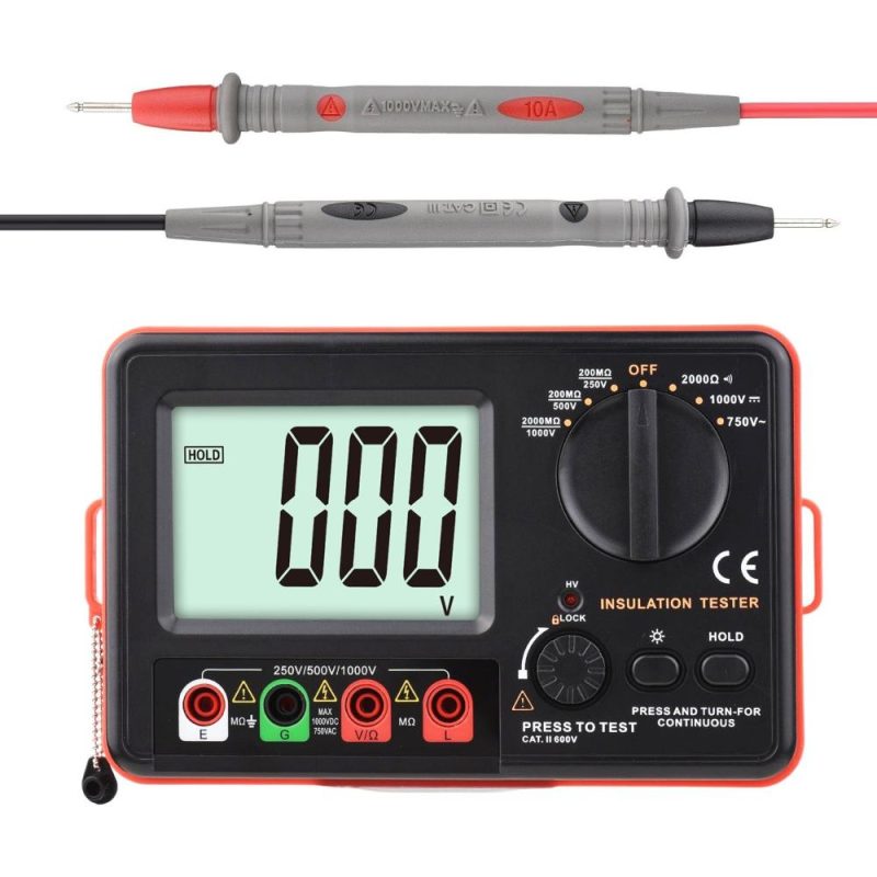 Digital Insulation Resistance Tester with LCD Backlight Display DC 250V/ 500V/ 1000V AC 750V Multifunction Insulation Resistance Meter Kit with Strap/ Protective Lid/ Cloth Bag  |   Digital Multimeters & Oscilloscopes Digital Multimeters & Oscilloscopes Black + Red