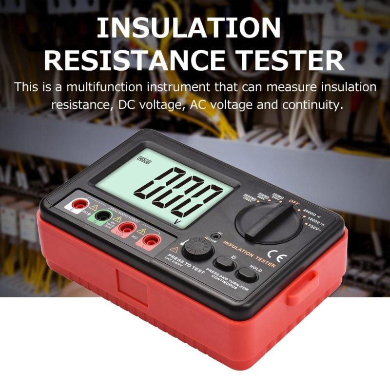 Digital Insulation Resistance Tester with LCD Backlight Display DC 250V/ 500V/ 1000V AC 750V Multifunction Insulation Resistance Meter Kit with Strap/ Protective Lid/ Cloth Bag  |   Digital Multimeters & Oscilloscopes Digital Multimeters & Oscilloscopes Black + Red