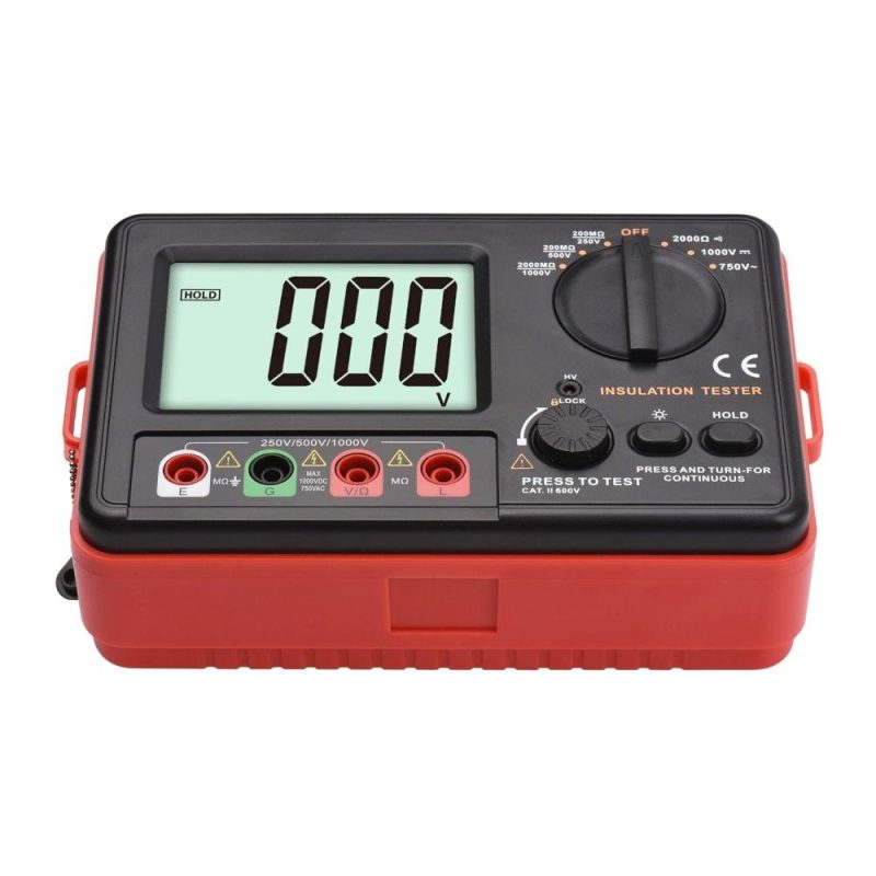 Digital Insulation Resistance Tester with LCD Backlight Display DC 250V/ 500V/ 1000V AC 750V Multifunction Insulation Resistance Meter Kit with Strap/ Protective Lid/ Cloth Bag  |   Digital Multimeters & Oscilloscopes Digital Multimeters & Oscilloscopes Black + Red