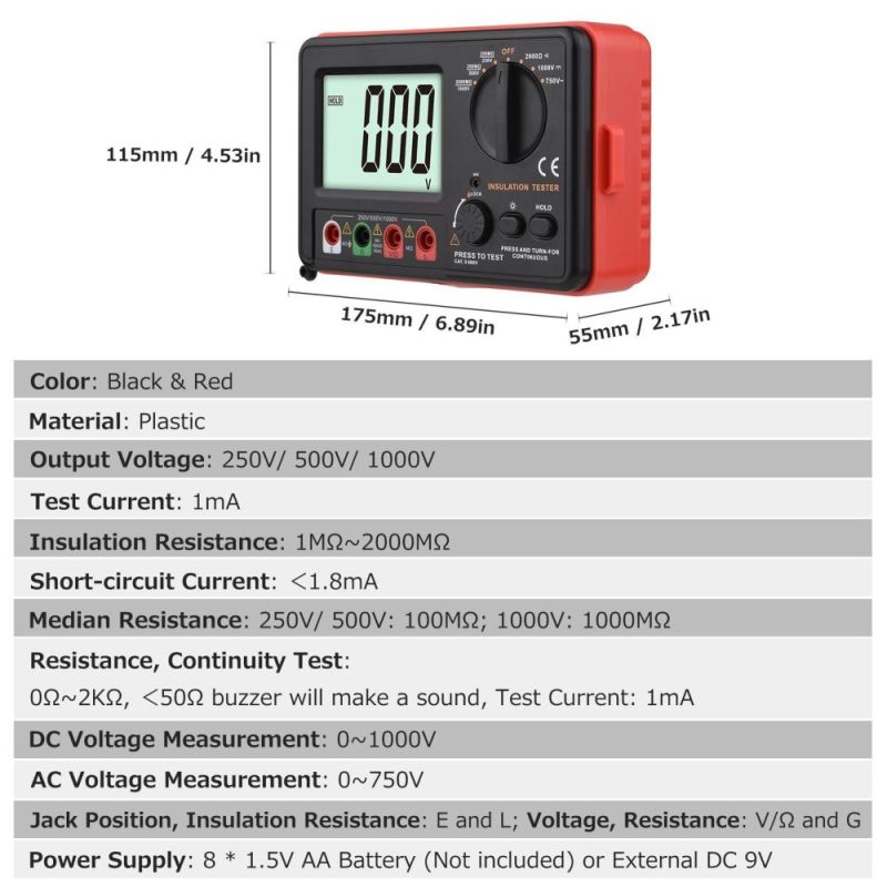 Digital Insulation Resistance Tester with LCD Backlight Display DC 250V/ 500V/ 1000V AC 750V Multifunction Insulation Resistance Meter Kit with Strap/ Protective Lid/ Cloth Bag  |   Digital Multimeters & Oscilloscopes Digital Multimeters & Oscilloscopes Black + Red