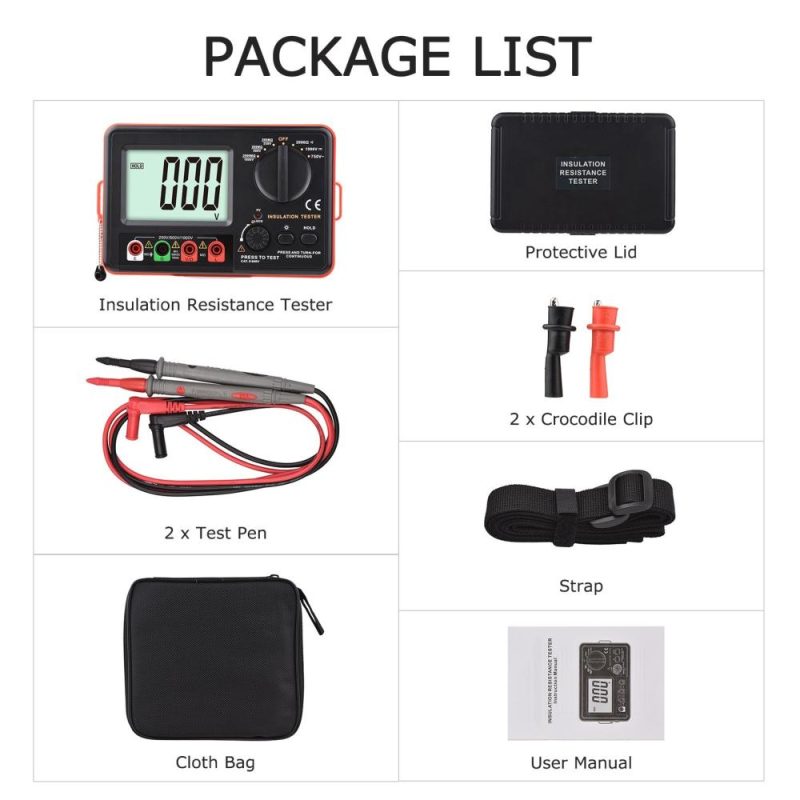 Digital Insulation Resistance Tester with LCD Backlight Display DC 250V/ 500V/ 1000V AC 750V Multifunction Insulation Resistance Meter Kit with Strap/ Protective Lid/ Cloth Bag  |   Digital Multimeters & Oscilloscopes Digital Multimeters & Oscilloscopes Black + Red