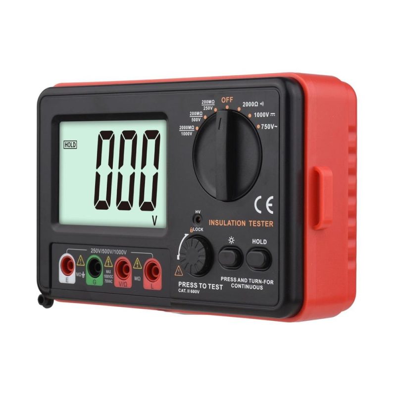 Digital Insulation Resistance Tester with LCD Backlight Display DC 250V/ 500V/ 1000V AC 750V Multifunction Insulation Resistance Meter Kit with Strap/ Protective Lid/ Cloth Bag  |   Digital Multimeters & Oscilloscopes Digital Multimeters & Oscilloscopes Black + Red