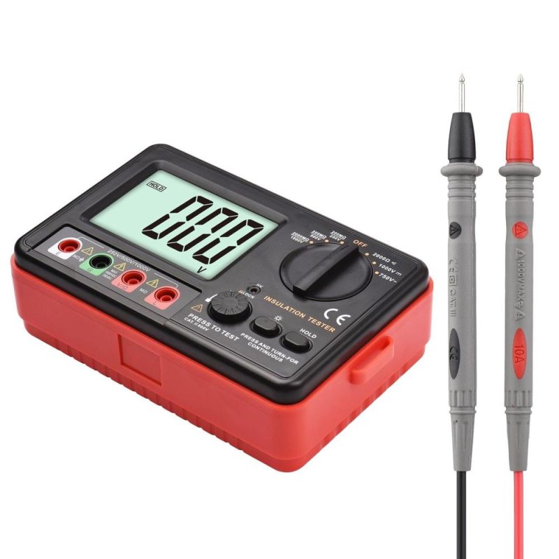 Digital Insulation Resistance Tester with LCD Backlight Display DC 250V/ 500V/ 1000V AC 750V Multifunction Insulation Resistance Meter Kit with Strap/ Protective Lid/ Cloth Bag  |   Digital Multimeters & Oscilloscopes Digital Multimeters & Oscilloscopes Black + Red