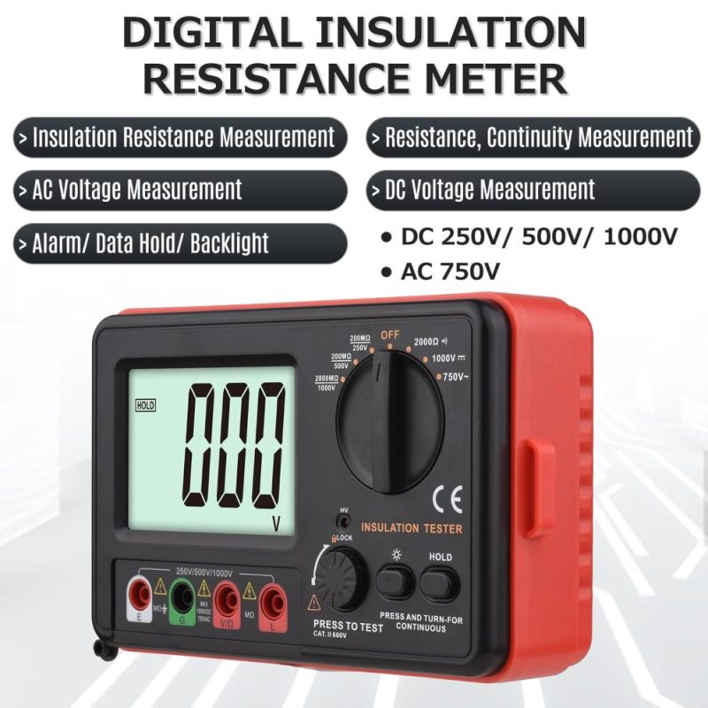 Digital Insulation Resistance Tester with LCD Backlight Display DC 250V/ 500V/ 1000V AC 750V Multifunction Insulation Resistance Meter Kit with Strap/ Protective Lid/ Cloth Bag  |   Digital Multimeters & Oscilloscopes Digital Multimeters & Oscilloscopes Black + Red