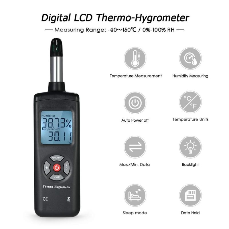 Digital LCD Thermo-Hygrometer Thermometer Hygrometer Temperature & Humidity Meter Psychrometer Wet Bulb Dew Point Temperature Detector  |   Temperature & Humidity Measurements Measurement & Analysis Instruments Black + Red