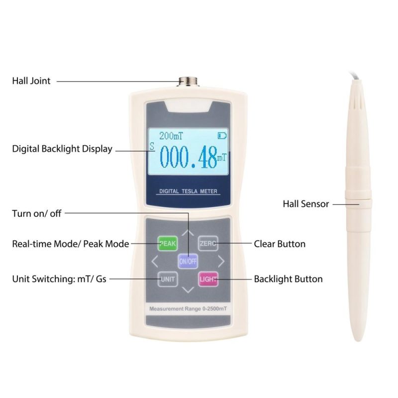 Digital Tesla Meter Gaussmeter Auto Range 200mT/ 2000mT High Accuracy Sensitive Surface Magnetic Field Tester with Standard Radial Hall Probe Plastic Box  |   Other Instruments Measurement & Analysis Instruments Ivory