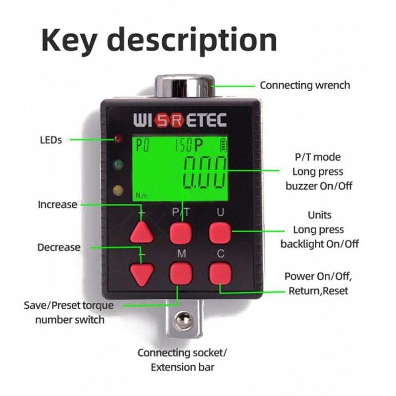 Digital Torque Meter Digital Backlight Display Wrench Torque Tester Two Working Modes Adjustable Five Units Switchable with Buzzer and LED Indicator Light Function  |   Other Instruments Measurement & Analysis Instruments Other Instruments