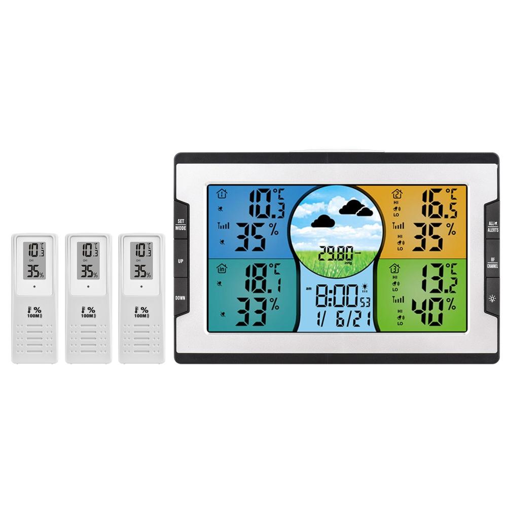 Digital Weather Station with 3 Remote Sensors 328ft/ 100m Indoor Outdoor Temperature Humidity Monitor Alarm Clock with Snooze Thermohygrometer with Weather Forecast/ Pressure/ Backlight/ Date/ Week/ Alarm Function for Home Office Greenhouse Warehouse  |   Temperature & Humidity Measurements Measurement & Analysis Instruments Black