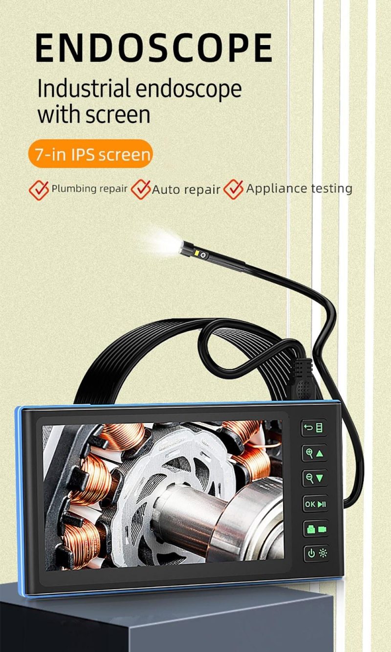 Dual Camera Endoscope with 7-inch IPS Color Screen Borescope with 6 LED Lights 1080P Photos Videos Snake Camera IP67 Waterproof 2 Million Pixels Inspection Camera with TF Card Slot  |   Microscopes & Endoscope Measurement & Analysis Instruments Black/Blue