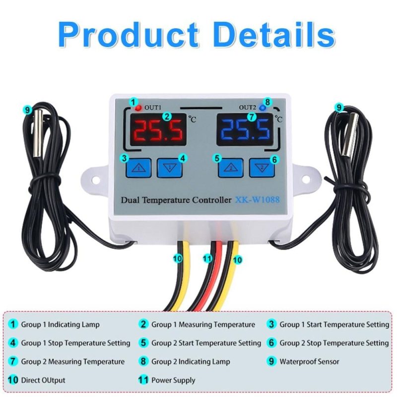 Dual Digital Thermostat Temperature Controller Two Relay Output Thermoregulator for incubator Heating Cooling XK-W1088 AC110-220V  |   Temperature & Humidity Measurements Measurement & Analysis Instruments Temperature & Humidity Measurements