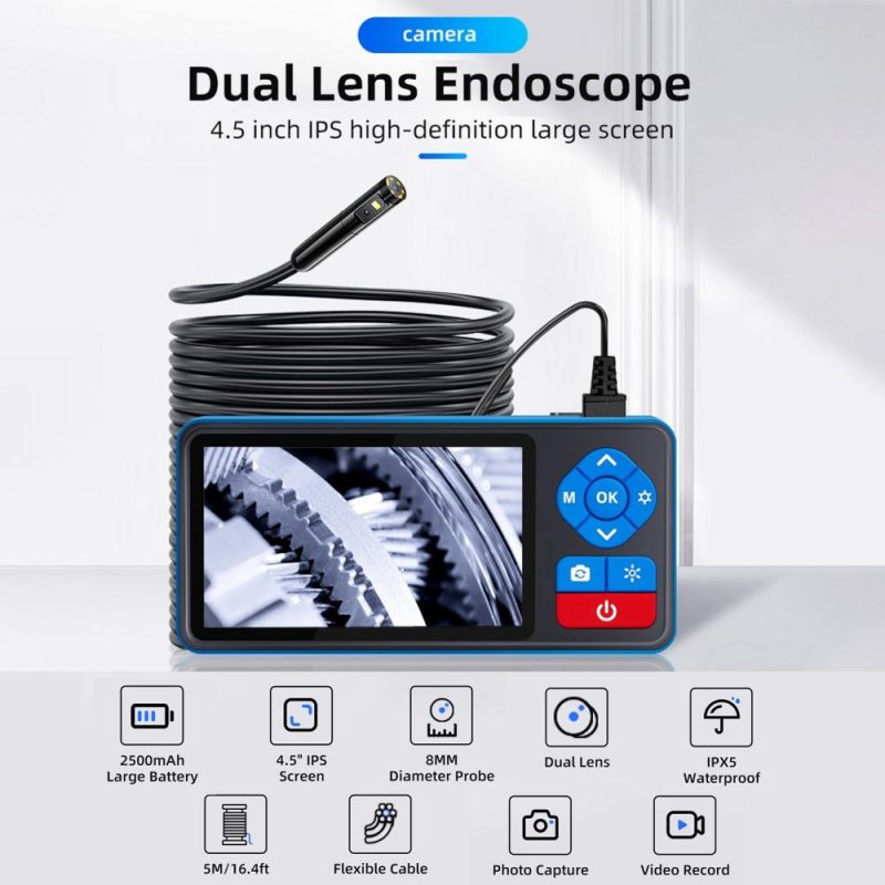 Dual Lens Endoscope Camera with Light 720P Borescope with 4.5in IPS Screen 16.4ft Flexible Probe Cable IPX5 Waterproof 4-Level Brightness Adjustable  |   Microscopes & Endoscope Measurement & Analysis Instruments Black