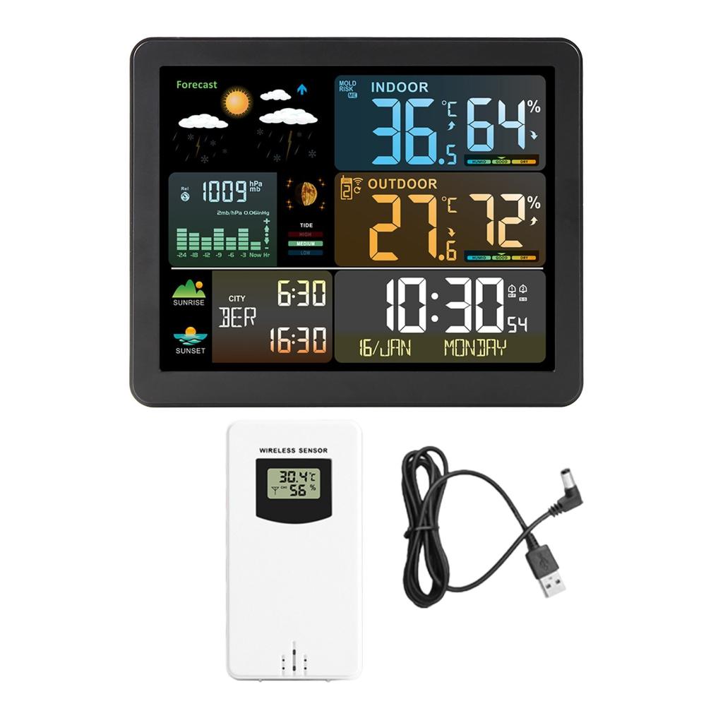 FJ3566M Smart Weather Station Clock Indoor and Outdoor Temperature & Humidity Meter Large Color Screen Weather Clock with 1 Sensor(Support up to 3 Sensers)  |   Temperature & Humidity Measurements Measurement & Analysis Instruments Black