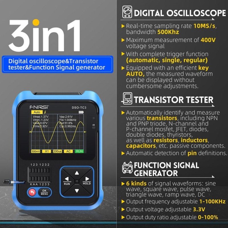 FNIRSI DSO-TC3 3in1 Digital Oscilloscope Transistor Tester Function Signal Generator with 2.4 inch TFT Display (Standard Configuration)  |   Digital Multimeters & Oscilloscopes Digital Multimeters & Oscilloscopes Digital Multimeters & Oscilloscopes