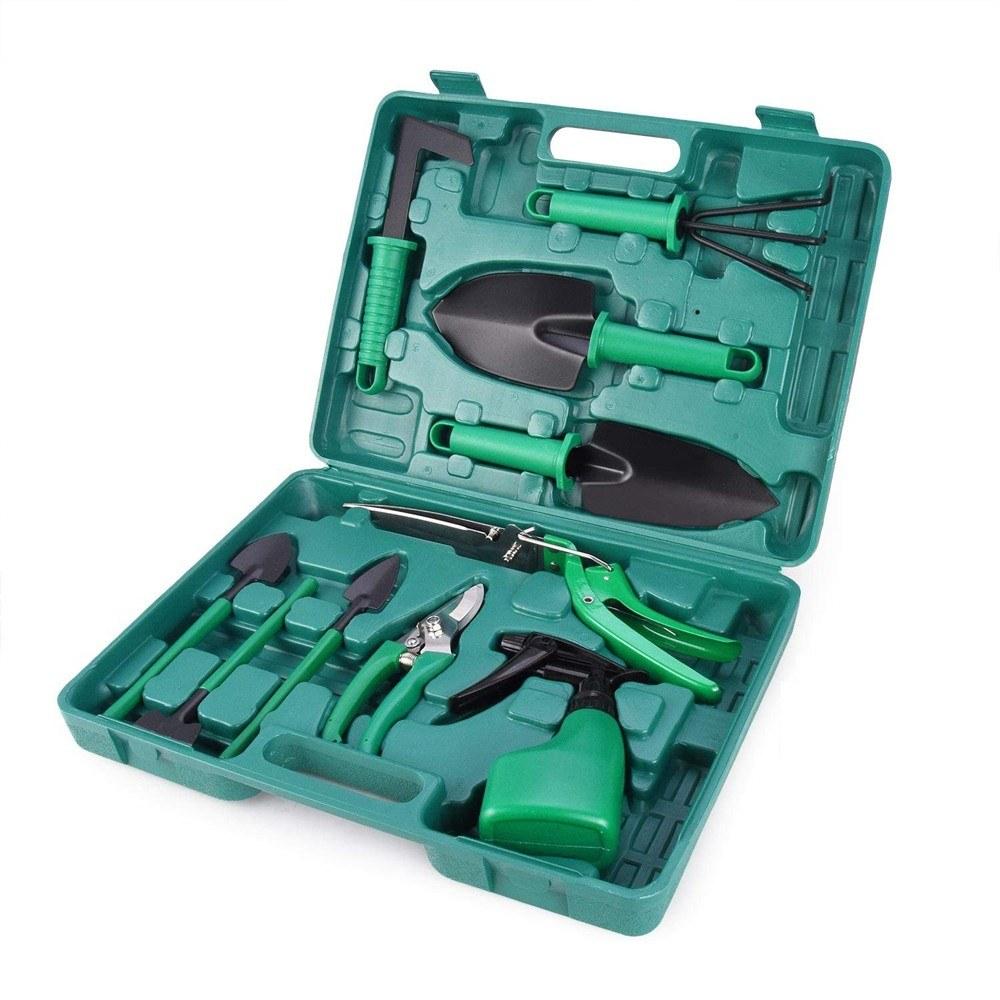 Garden Tool Set 10pcs Stainless Steel Garden Tool Kit with Organizer Case Heavy Duty Gardening Work Set Including Pruner, Rake, Big and Small Shovel, Sprayer, Weeding Scissor, Potted Gadget and More  |   Hardware & Accessories Hardware & Accessories Green