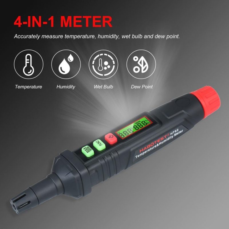 HABOTEST 4-in-1 Digital Psychrometer Portable Thermo-Hygrometer Mini Temperature and Humidity Meter Pen with Dew Point and Wet Bulb Temperature (Battery Not Included)  |   Temperature & Humidity Measurements Measurement & Analysis Instruments Black And Red