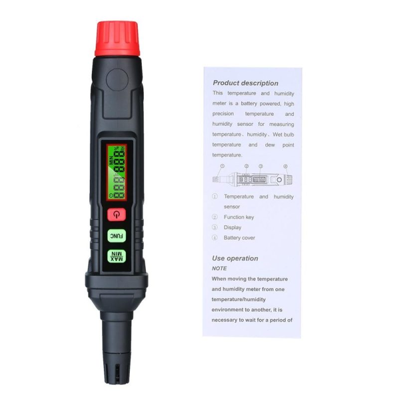 HABOTEST 4-in-1 Digital Psychrometer Portable Thermo-Hygrometer Mini Temperature and Humidity Meter Pen with Dew Point and Wet Bulb Temperature (Battery Not Included)  |   Temperature & Humidity Measurements Measurement & Analysis Instruments Black And Red