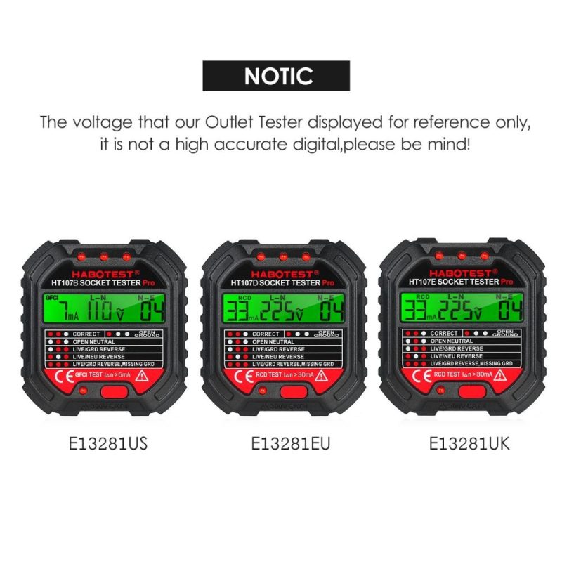 HABOTEST GFCI Outlet Tester with Voltage Display 90-250V Socket Tester Automatic Electric Circuit Polarity Voltage Detector Breaker Finder HT107D  |   Other Instruments Measurement & Analysis Instruments Black