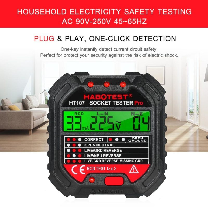 HABOTEST GFCI Outlet Tester with Voltage Display 90-250V Socket Tester Automatic Electric Circuit Polarity Voltage Detector Breaker Finder HT107D  |   Other Instruments Measurement & Analysis Instruments Black