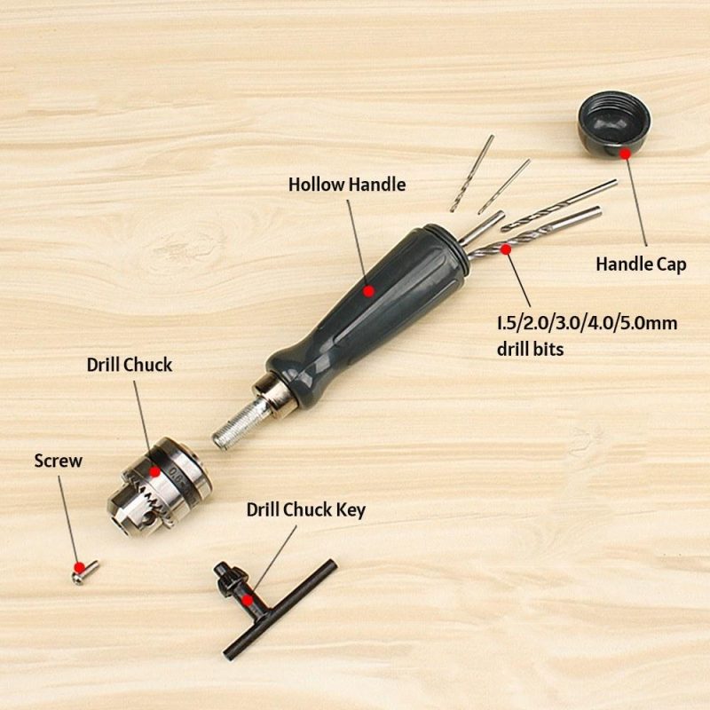 Hand Drill Bits Set 7 in 1 Manual Tool Pin Vises with 5 Pcs Twist Drill Bits Chuck Key Hollow Storage Box 0.6-6mm Precision Clamping for Woodworking Walnut Amber Plastic  |   Others Hardware & Gadgets Others