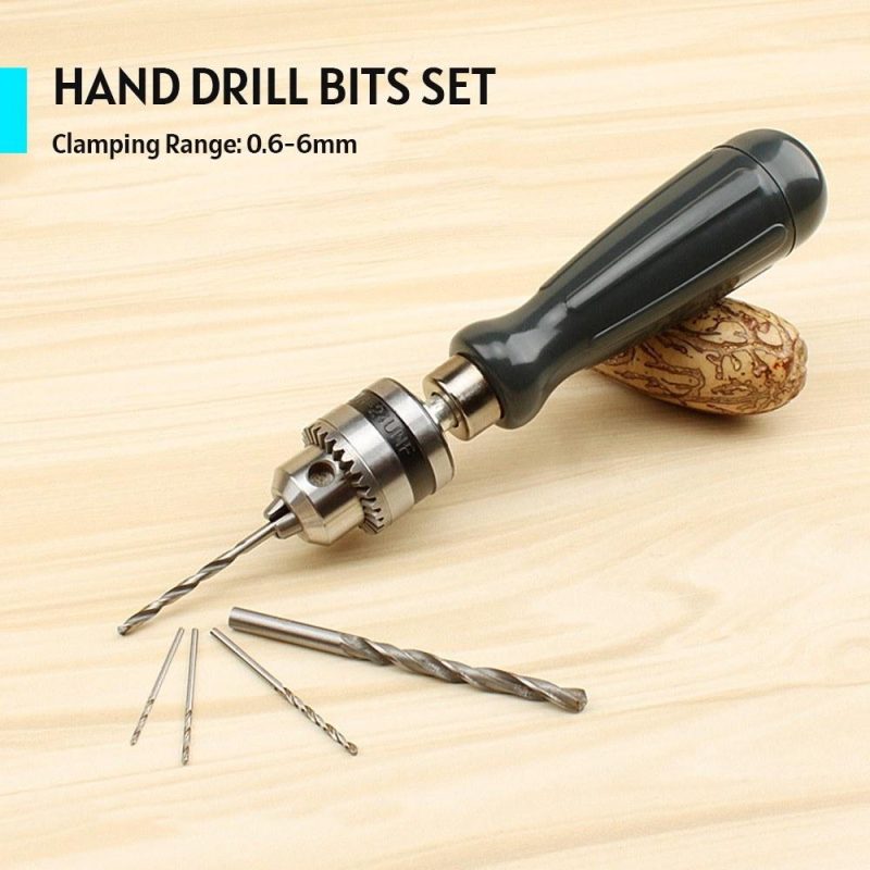 Hand Drill Bits Set 7 in 1 Manual Tool Pin Vises with 5 Pcs Twist Drill Bits Chuck Key Hollow Storage Box 0.6-6mm Precision Clamping for Woodworking Walnut Amber Plastic  |   Others Hardware & Gadgets Others