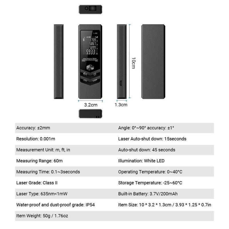 Handheld Rangefinder Digital Mini Distance Measuring Meter Laser Distance Meter Portable Electronic Angle Horizontal Space Measurement Device for Area Volume Distances  |   Laser Rangefinders Laser Rangefinders Black