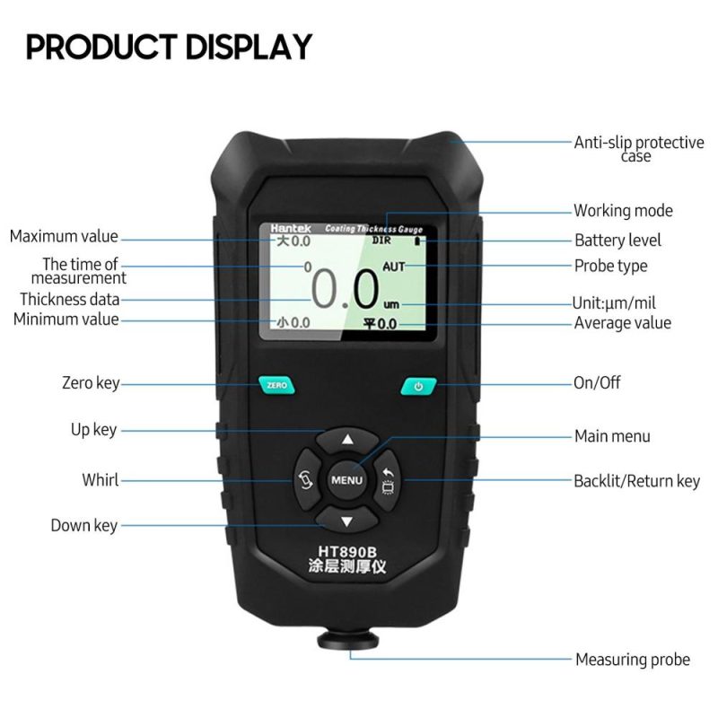 Hantek HT890B Paint Coating Thickness Gauge Portable Nondestructive Thickness Meter with Zero Cal Backlit LCD Display Limit Alarm for Car Automotive Painting  |   Other Instruments Measurement & Analysis Instruments Black