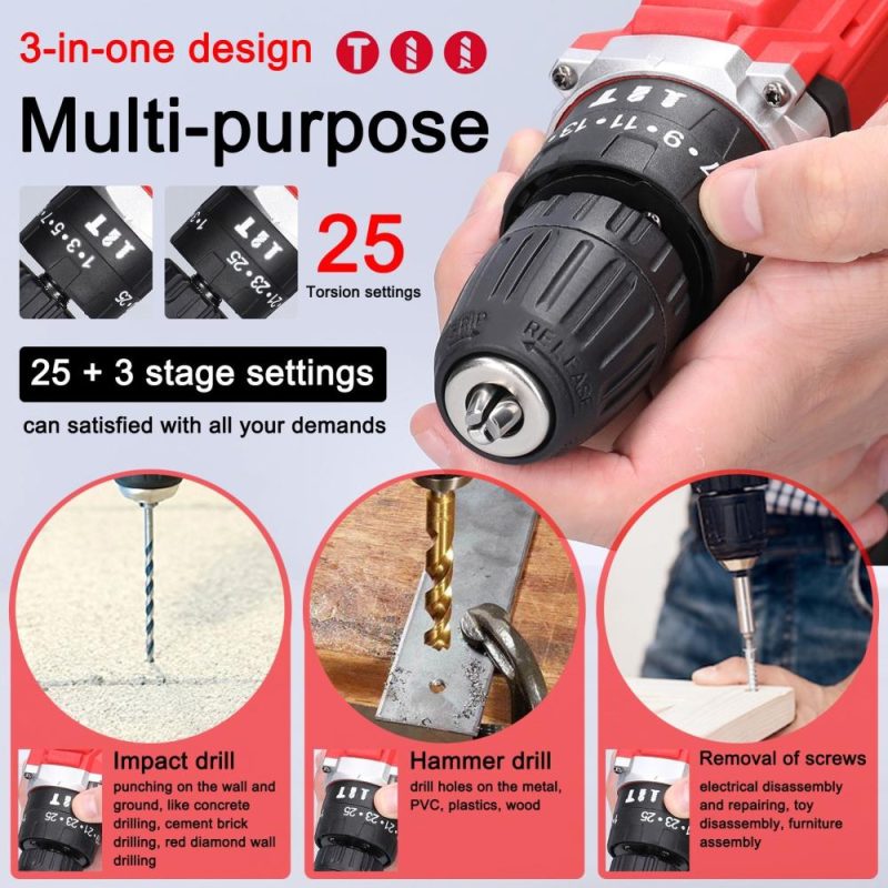 Household Multifuctional 21V Electric Drill Brush Motor 2 Speeds Control Stepless Speed Regulation Rotation Ways Adjustment 25 Gears of Torques Adjustable Lithium Drill  |   Electrical Equipment & Supplies Electrical Equipment & Supplies Electrical Equipment & Supplies