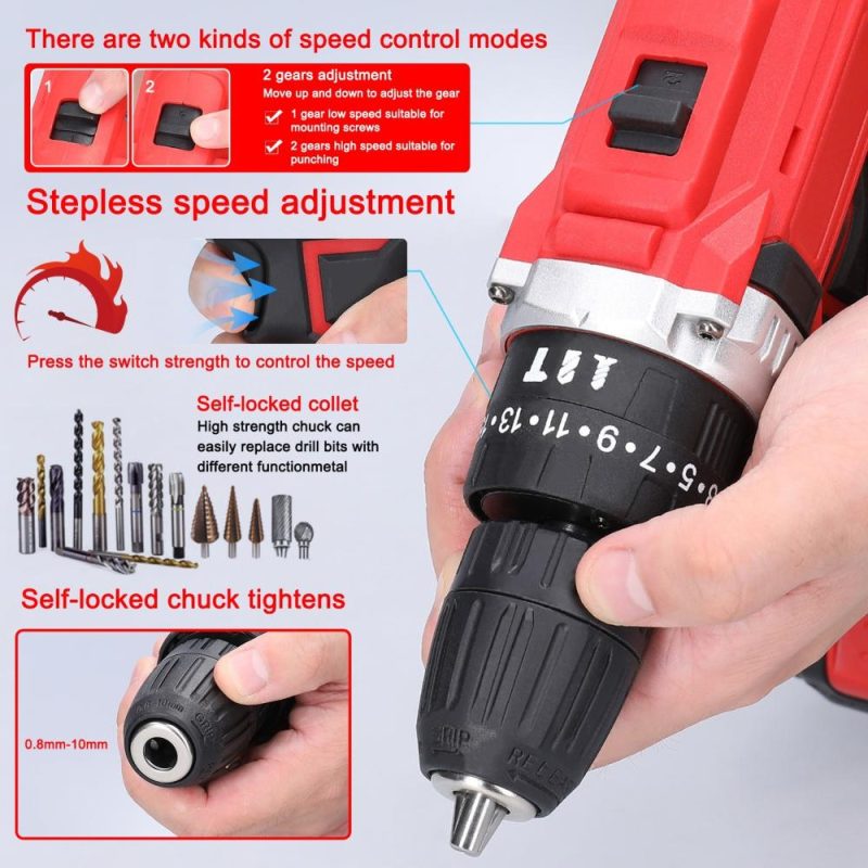 Household Multifuctional 21V Electric Drill Brush Motor 2 Speeds Control Stepless Speed Regulation Rotation Ways Adjustment 25 Gears of Torques Adjustable Lithium Drill  |   Electrical Equipment & Supplies Electrical Equipment & Supplies Electrical Equipment & Supplies