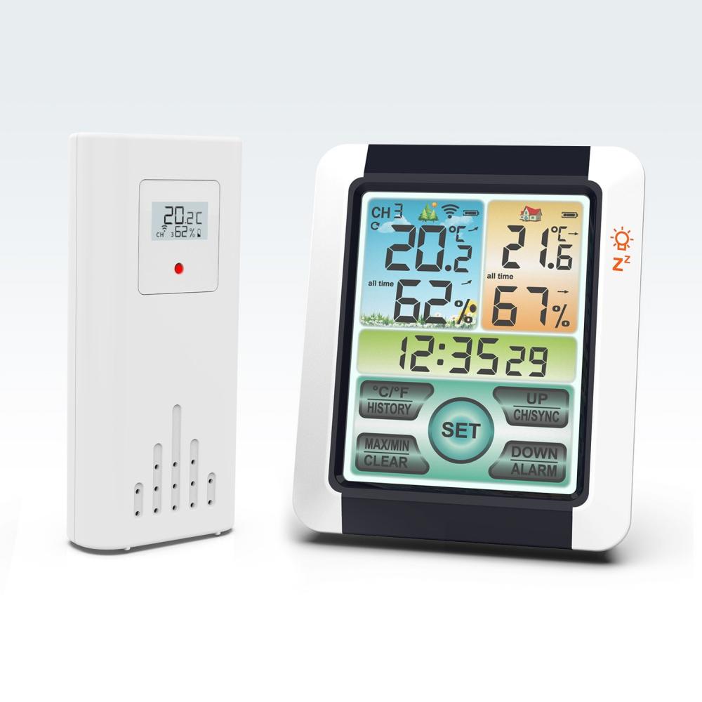 Indoor Outdoor Temperature Humidity Meter Color Touchable Screen with Backlight Time Alarm Snooze Function Household Desktop Multifunction Temperature Humidity Meter ℃ ℉ Switch History Data Viewing  |   Temperature & Humidity Measurements Measurement & Analysis Instruments Temperature & Humidity Measurements