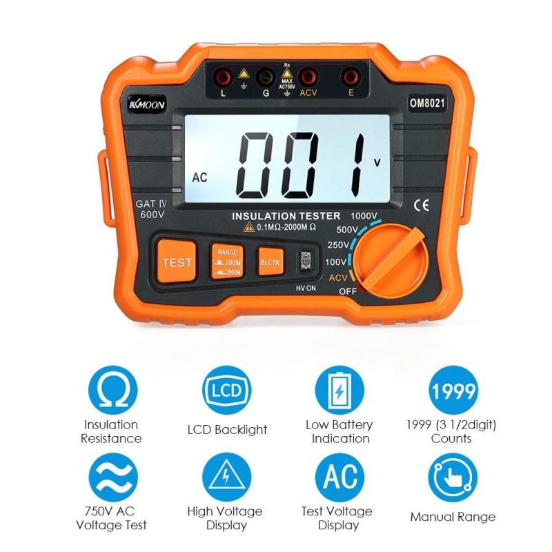 KKmoon Insulation Resistance Tester DCV ACV Meter 1000V Ground  Megohmmeter MegOhm Voltmeter w/LCD Backlight Display  |   Digital Multimeters & Oscilloscopes Digital Multimeters & Oscilloscopes Black & Orange