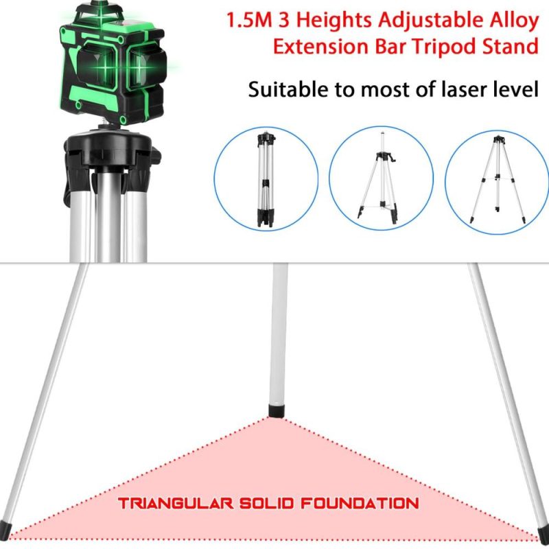 KKmoon Multifunctional Self-leveling 3D 12 Lines Laser Level Tool Vertical Horizontal Lines with 1.5M 3 Heights Adjustable Alloy Extension Bar Tripod Stand  |   Other Instruments Measurement & Analysis Instruments Green Light