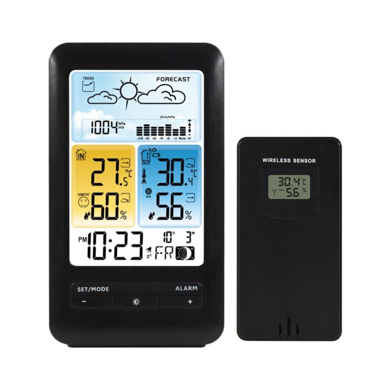 LCD Weather Station Alarm Clock with Snooze Digital Indoor Outdoor Temperature Humidity Monitor Thermohygrometer with Backlight/ Date/ Week/ Moon Phase/ Comfort Level/ Alarm Function for Home Office Greenhouse Warehouse  |   Temperature & Humidity Measurements Measurement & Analysis Instruments Black