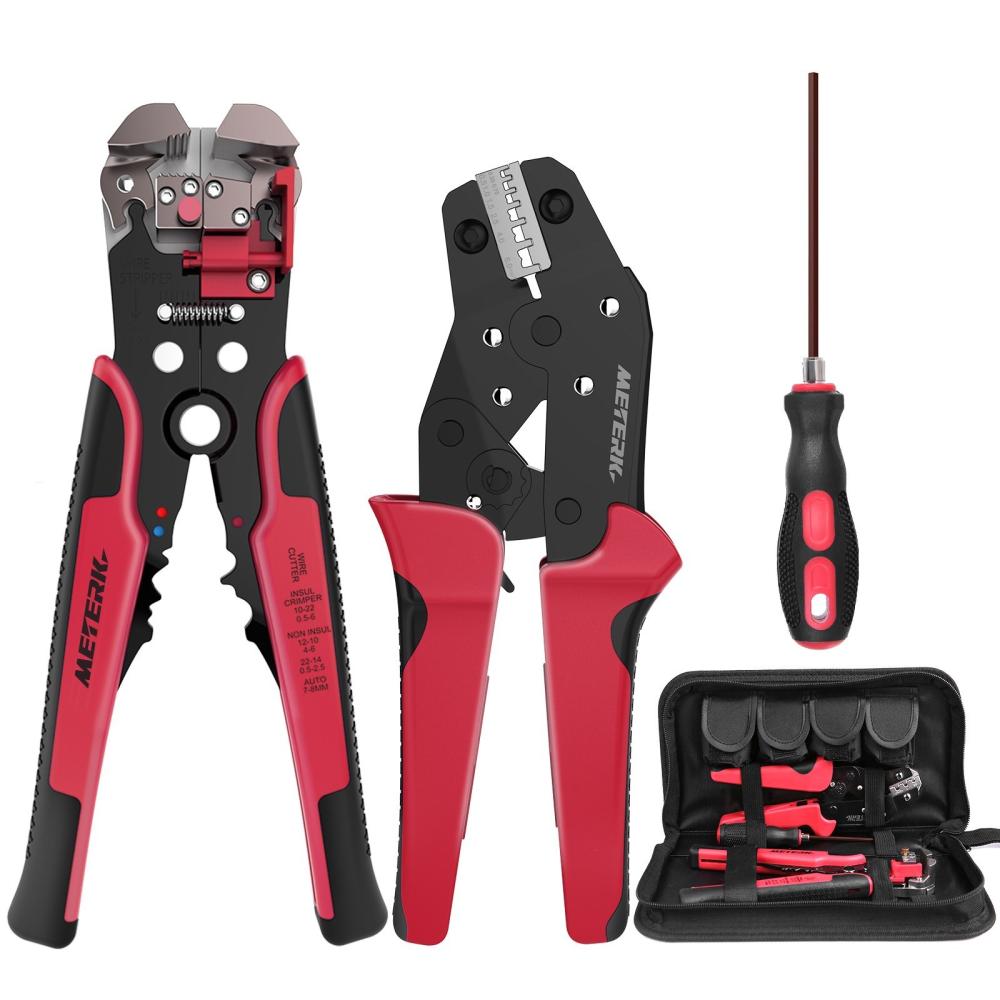 METERK Professional 4 In 1 Wire Crimpers Engineering Ratcheting Terminal Crimping Pliers Bootlace Ferrule Crimper Tool Cord End Terminals With Wire Stripper Red and Black  |   Pliers Pliers Black