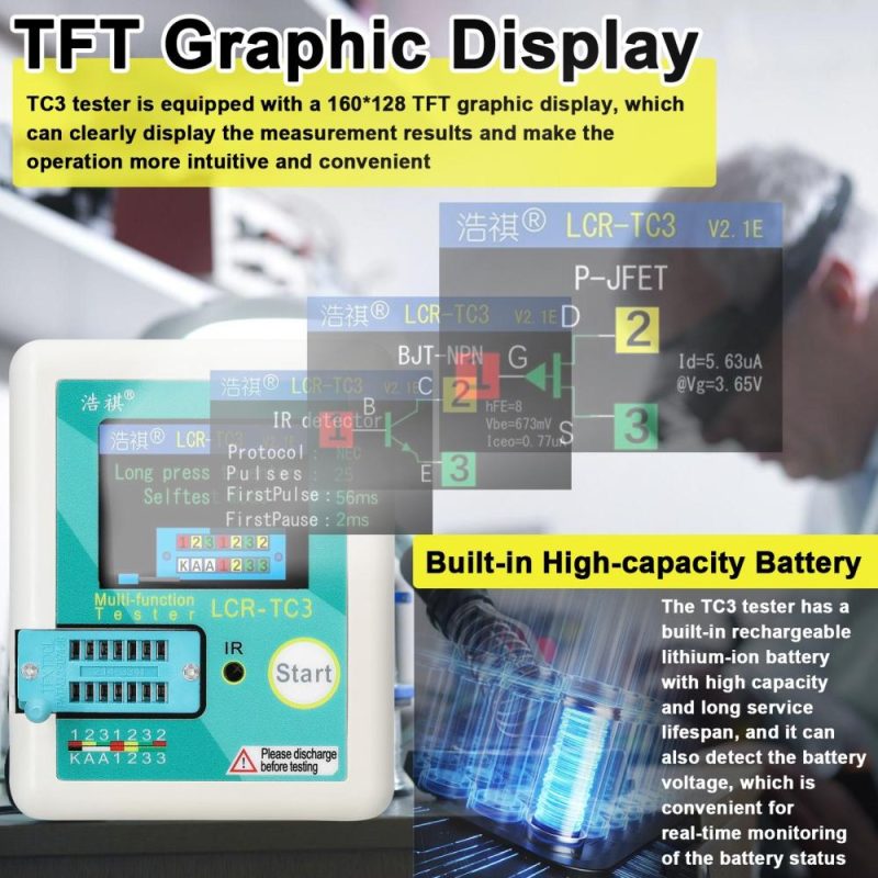 Multifuctional Transistor Tester Zener Diode Tester Voltage Regulator with 160*128 TFT Display Self-Test Auto Calibration Auto Power Off Function  |   Other Instruments Measurement & Analysis Instruments Blue+White