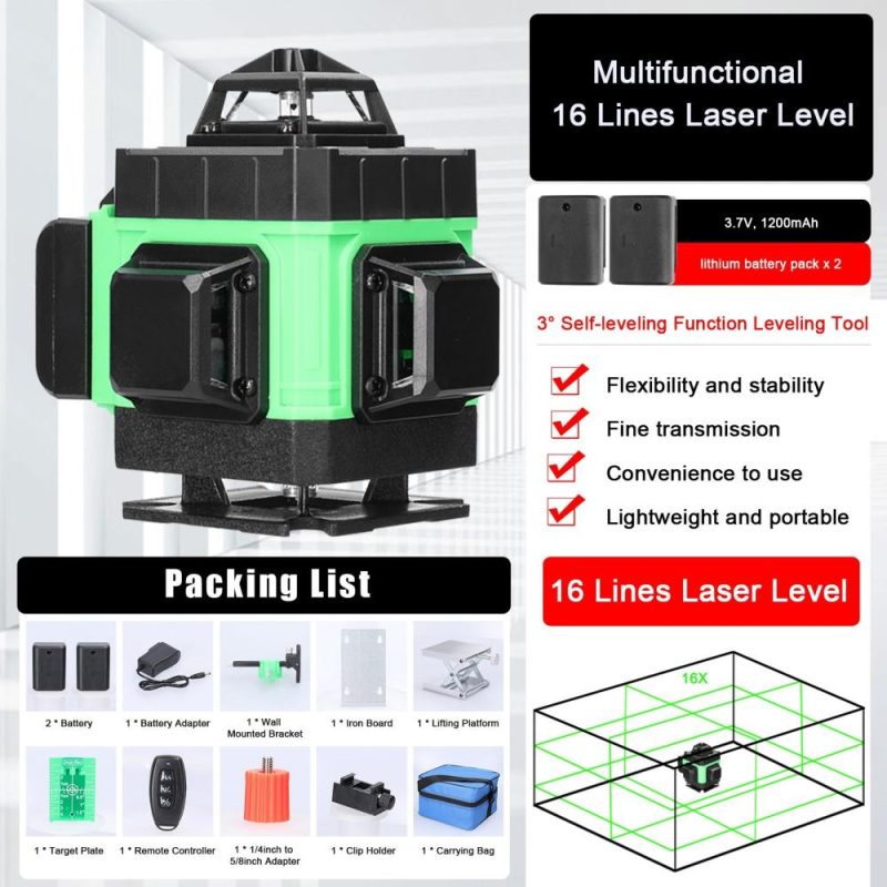 Multifunctional 16 Lines Laser Level 3° Self-leveling Machine Rechargeable Lithium Battery Leveling Tool Omnidirectional Ground Wall Sticker Home Improvement Tools Set  |   Other Instruments Measurement & Analysis Instruments Blue/Green