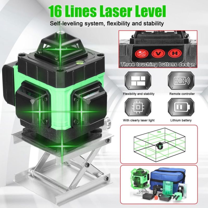 Multifunctional 16 Lines Laser Level 3° Self-leveling Machine Rechargeable Lithium Battery Leveling Tool Omnidirectional Ground Wall Sticker Home Improvement Tools Set  |   Other Instruments Measurement & Analysis Instruments Blue/Green