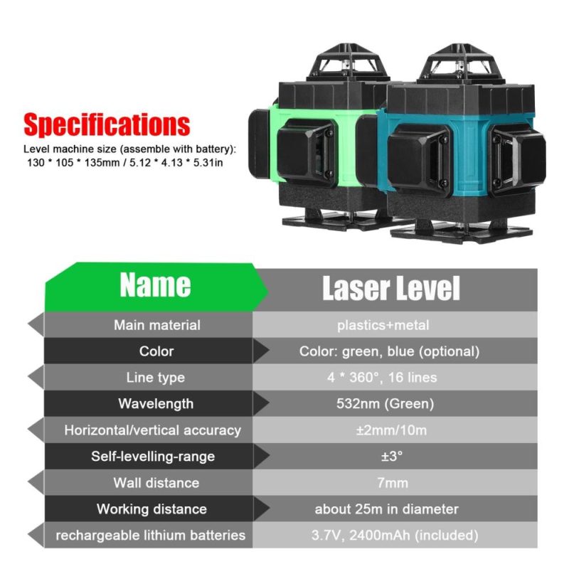 Multifunctional 16 Lines Laser Level 3° Self-leveling Machine Rechargeable Lithium Battery Leveling Tool Omnidirectional Ground Wall Sticker Home Improvement Tools Set  |   Other Instruments Measurement & Analysis Instruments Blue/Green