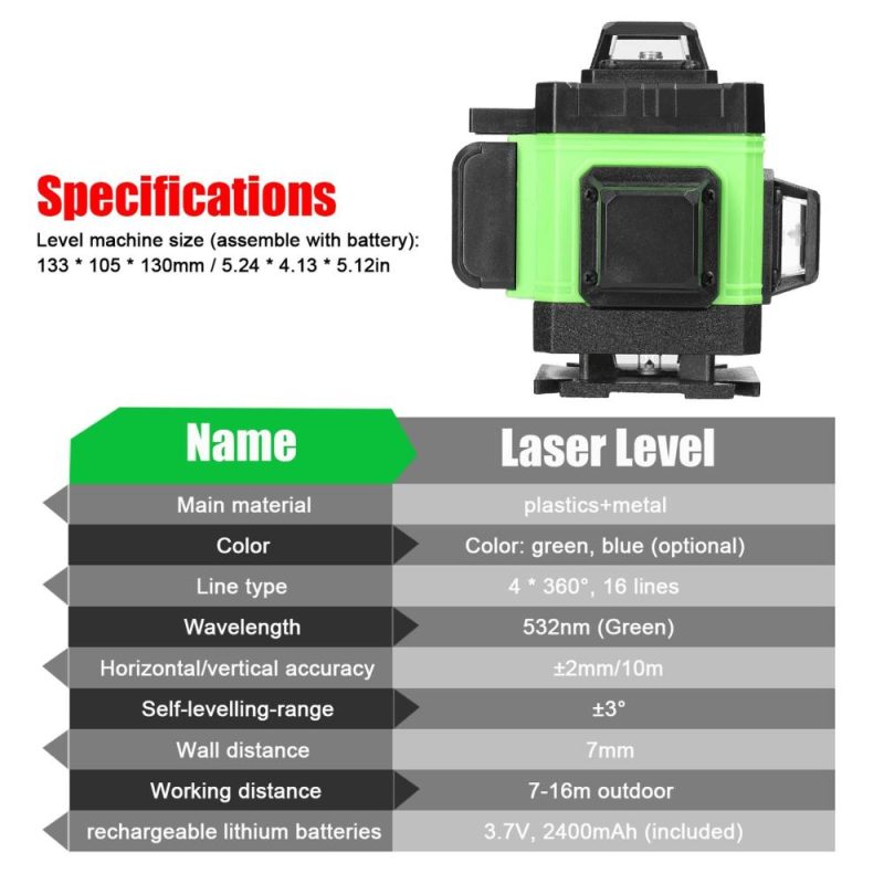 Multifunctional 16 Lines Laser Level 3° Self-leveling Machine Rechargeable Lithium Battery Leveling Tool Omnidirectional Ground Wall Sticker Waterproof Home Improvement Tools Set  |   Other Instruments Measurement & Analysis Instruments Other Instruments