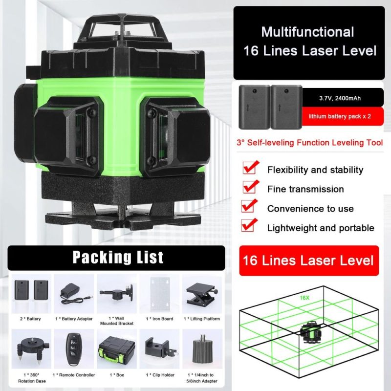 Multifunctional 16 Lines Laser Level 3° Self-leveling Machine Rechargeable Lithium Battery Leveling Tool Omnidirectional Ground Wall Sticker Waterproof Home Improvement Tools Set  |   Other Instruments Measurement & Analysis Instruments Other Instruments