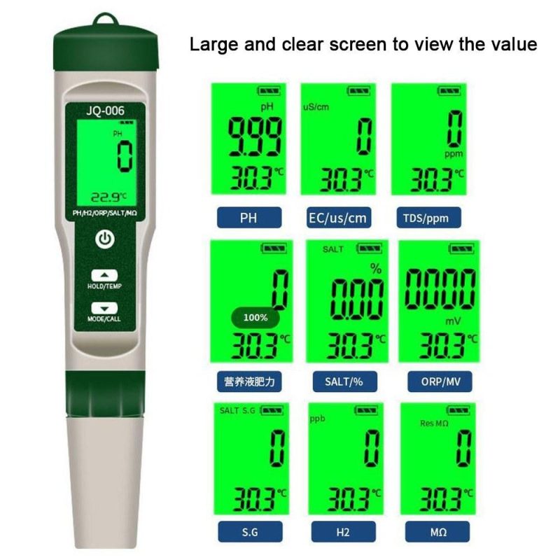 Multifunctional Digital 10 in 1 Water Quality Tester Portable High Accurancy Water Quality Test Pen Water Quality Measurement Tool Water PH/Total Dissolved Solids/EC/Salinity/ORP/H2/S.G/Temperature/Nutrient Solution Concentration/㏁ Measuring  |   Water quality analysis equipment Measurement & Analysis Instruments Water quality analysis equipment