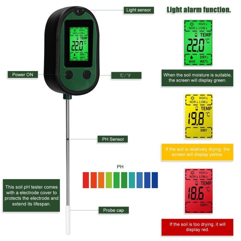 Multifunctional High Accurancy Soil PH Tester Soil Moisture/PH/Temperature Sunlight Intensity Testers Garden Planting Soil Detector Soil PH Test Tool Handheld Soil Detect Device  |   Soil analysis equipment Measurement & Analysis Instruments Green