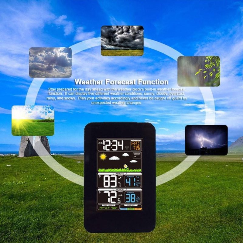 Multifunctional Weather Station Indoor/Outdoor Thermometer Temperature and Humidity Monitor 12H/24H Electronic Alarm Clock Weather Forecast Clock for Home Offie Bedroom Restaurant  |   Temperature & Humidity Measurements Measurement & Analysis Instruments Black