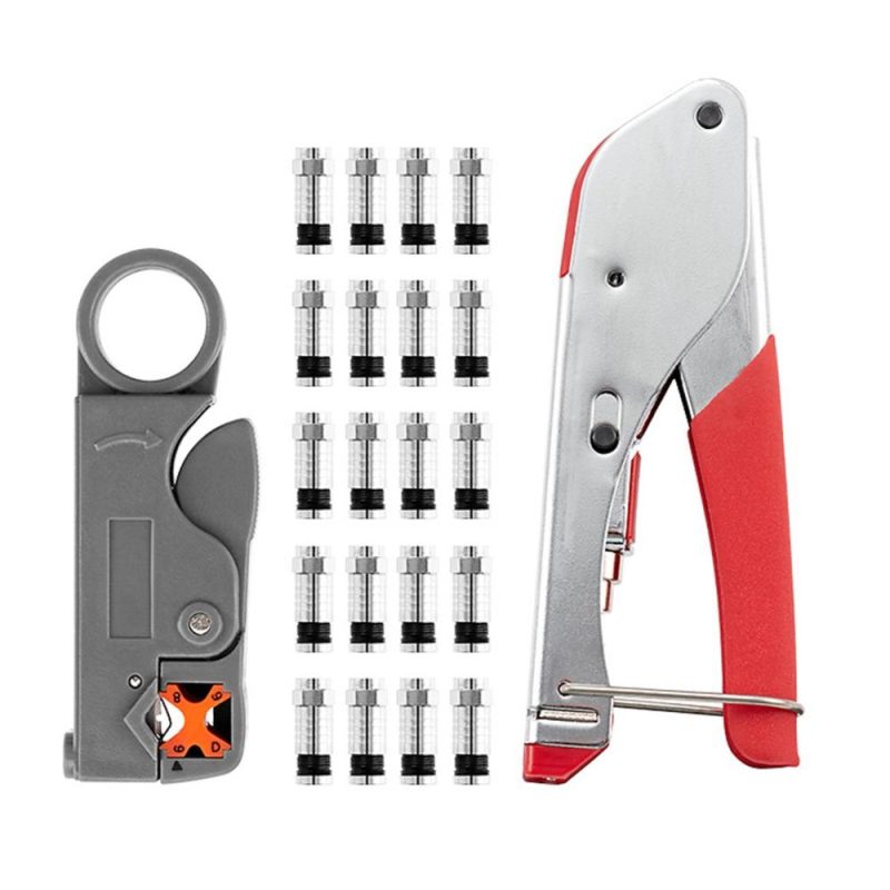 Network Cable Tool Set Crimping Pliers Set Coaxial Cable Press Pliers Rotary Adjustable Wire Stripper with 20pcs F-connector  |   Others Others Black/Blue/Silver